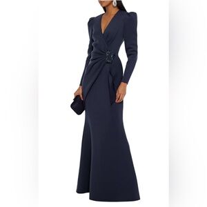 Badgley Mischka Wrap Effect Buckle-embellished Scuba Gown